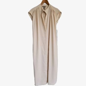 H&M Cream Dress Cap Sleeve Mandarin Collar Midi Casual Belted Button Up